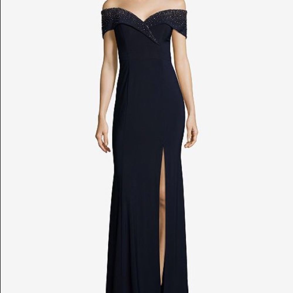 Xscape off-shoulder embellished gown, navy - Picture 1 of 4